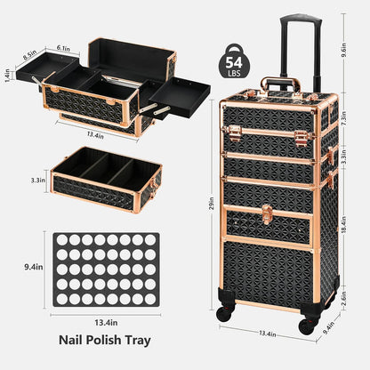 Makeup Train Case with Drawer, Rolling Makeup Case, Cosmetology Case on Wheels, Gift, Large Makeup Case Organizers, Professional for Salon Barber, Nail, Tattoo, Black Colourful