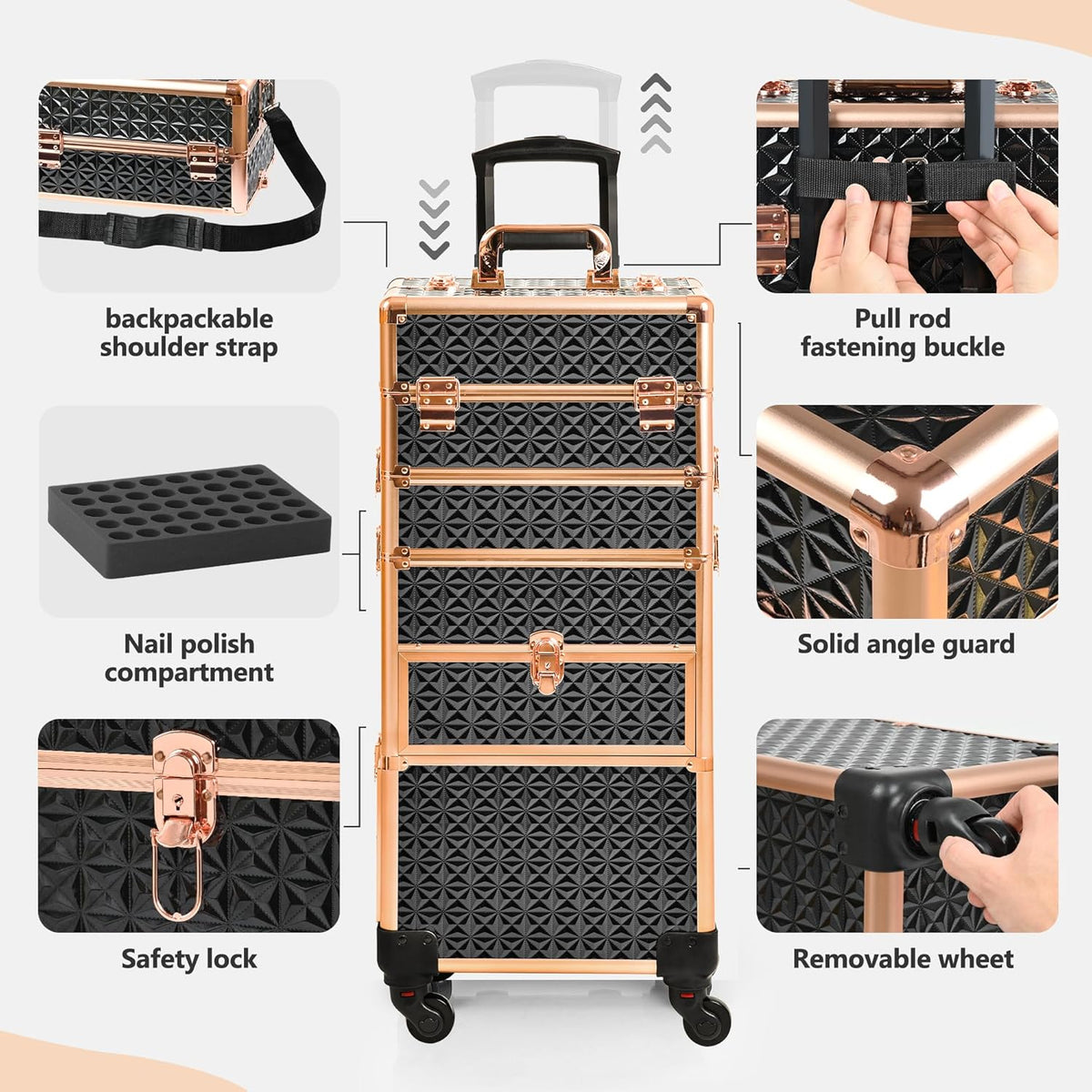 Makeup Train Case with Drawer, Rolling Makeup Case, Cosmetology Case on Wheels, Gift, Large Makeup Case Organizers, Professional for Salon Barber, Nail, Tattoo, Black Colourful