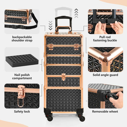 Makeup Train Case with Drawer, Rolling Makeup Case, Cosmetology Case on Wheels, Gift, Large Makeup Case Organizers, Professional for Salon Barber, Nail, Tattoo, Black Colourful