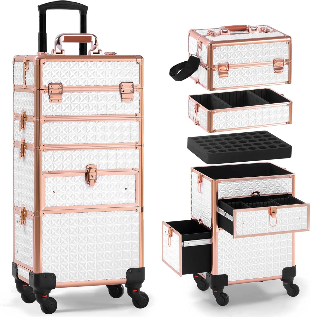 Makeup Train Case with Drawer, Rolling Makeup Case, Cosmetology Case on Wheels, Gift, Large Makeup Case Organizers, Professional for Salon Barber, Nail, Tattoo, Black Colourful