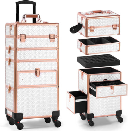 Makeup Train Case with Drawer, Rolling Makeup Case, Cosmetology Case on Wheels, Gift, Large Makeup Case Organizers, Professional for Salon Barber, Nail, Tattoo, Black Colourful