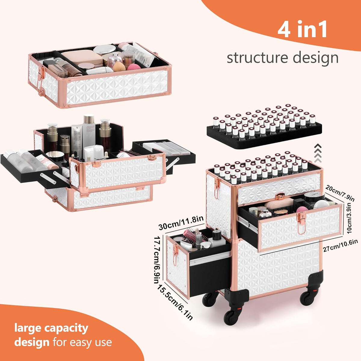 Makeup Train Case with Drawer, Rolling Makeup Case, Cosmetology Case on Wheels, Gift, Large Makeup Case Organizers, Professional for Salon Barber, Nail, Tattoo, Black Colourful