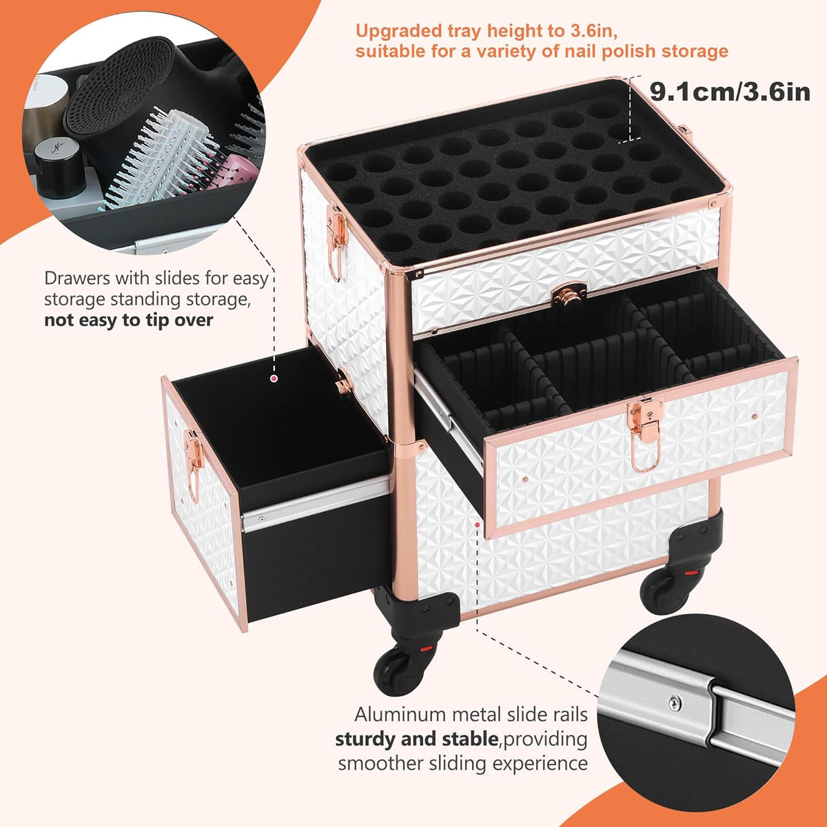 Makeup Train Case with Drawer, Rolling Makeup Case, Cosmetology Case on Wheels, Gift, Large Makeup Case Organizers, Professional for Salon Barber, Nail, Tattoo, Black Colourful