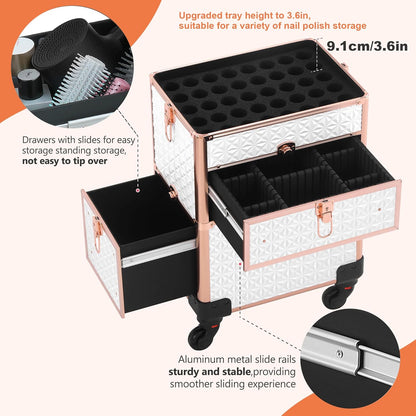 Makeup Train Case with Drawer, Rolling Makeup Case, Cosmetology Case on Wheels, Gift, Large Makeup Case Organizers, Professional for Salon Barber, Nail, Tattoo, Black Colourful