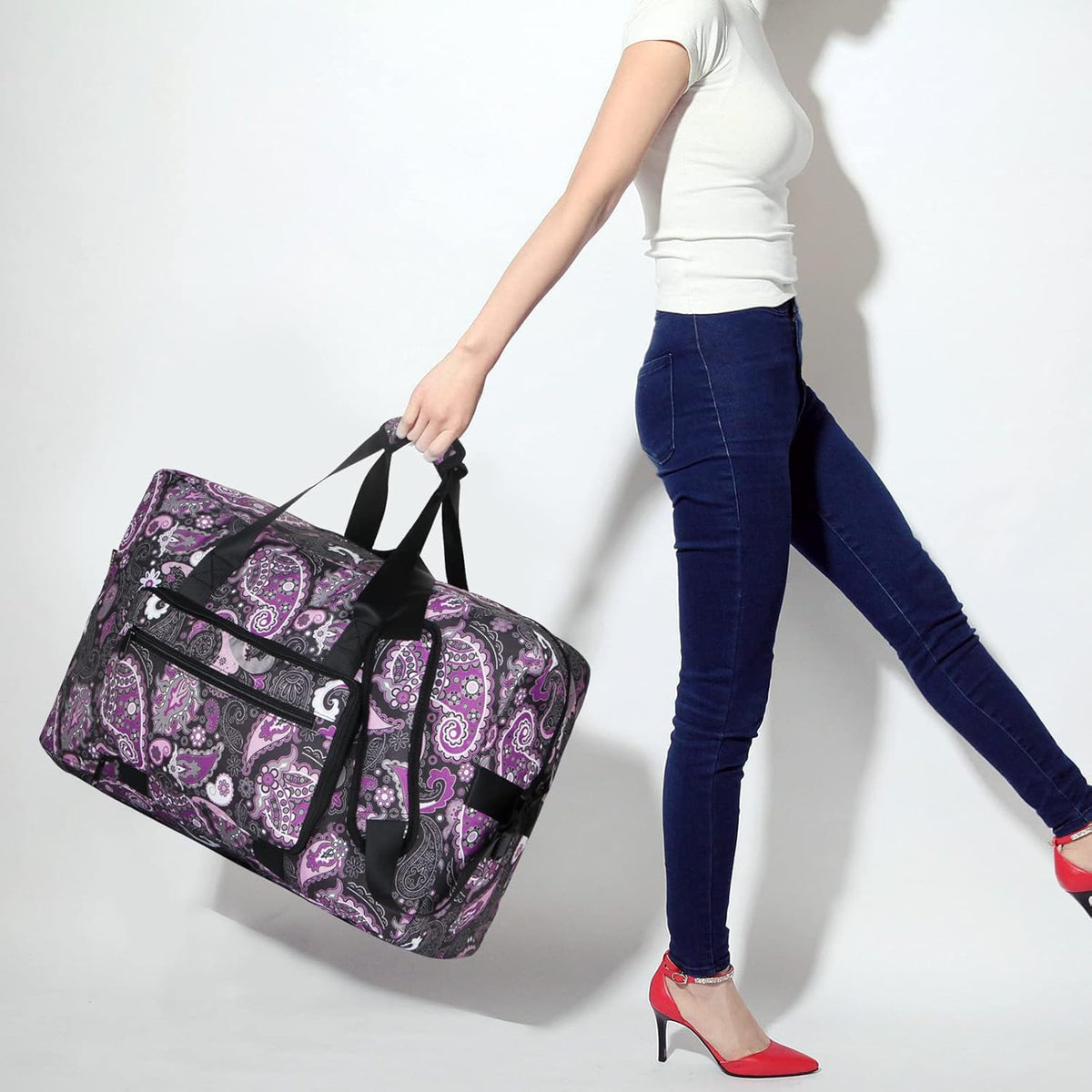 Travel Foldable Waterproof Duffel Bag - Lightweight Carry on Luggage Tote Duffel Bag(Black Floral)