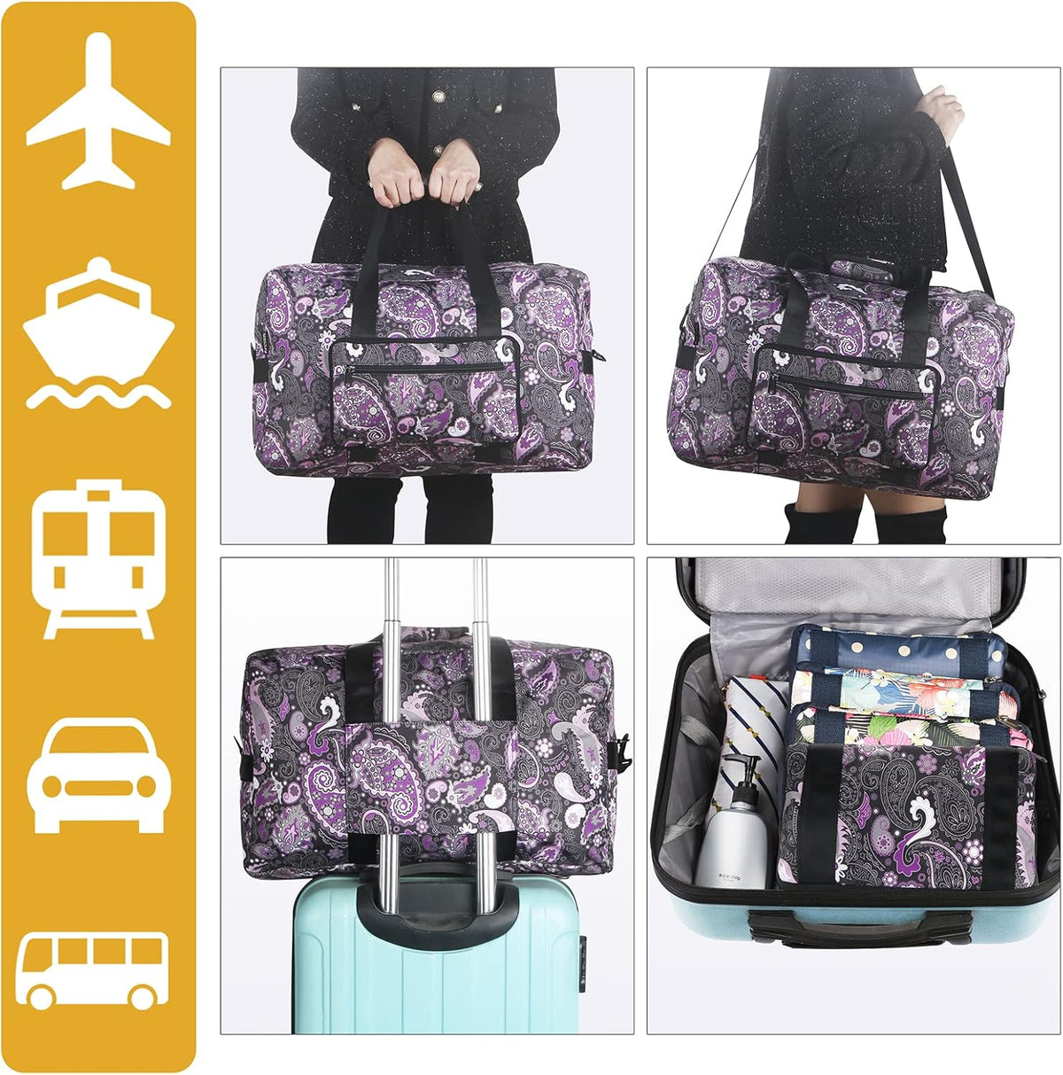Travel Foldable Waterproof Duffel Bag - Lightweight Carry on Luggage Tote Duffel Bag(Black Floral)