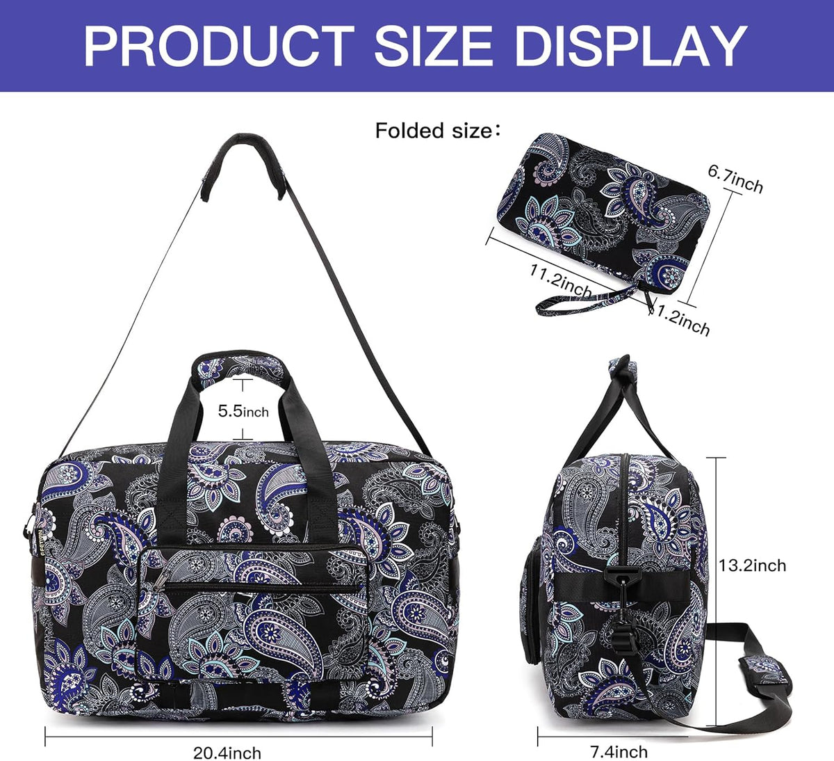 Travel Foldable Waterproof Duffel Bag - Lightweight Carry on Luggage Tote Duffel Bag(Black Floral)