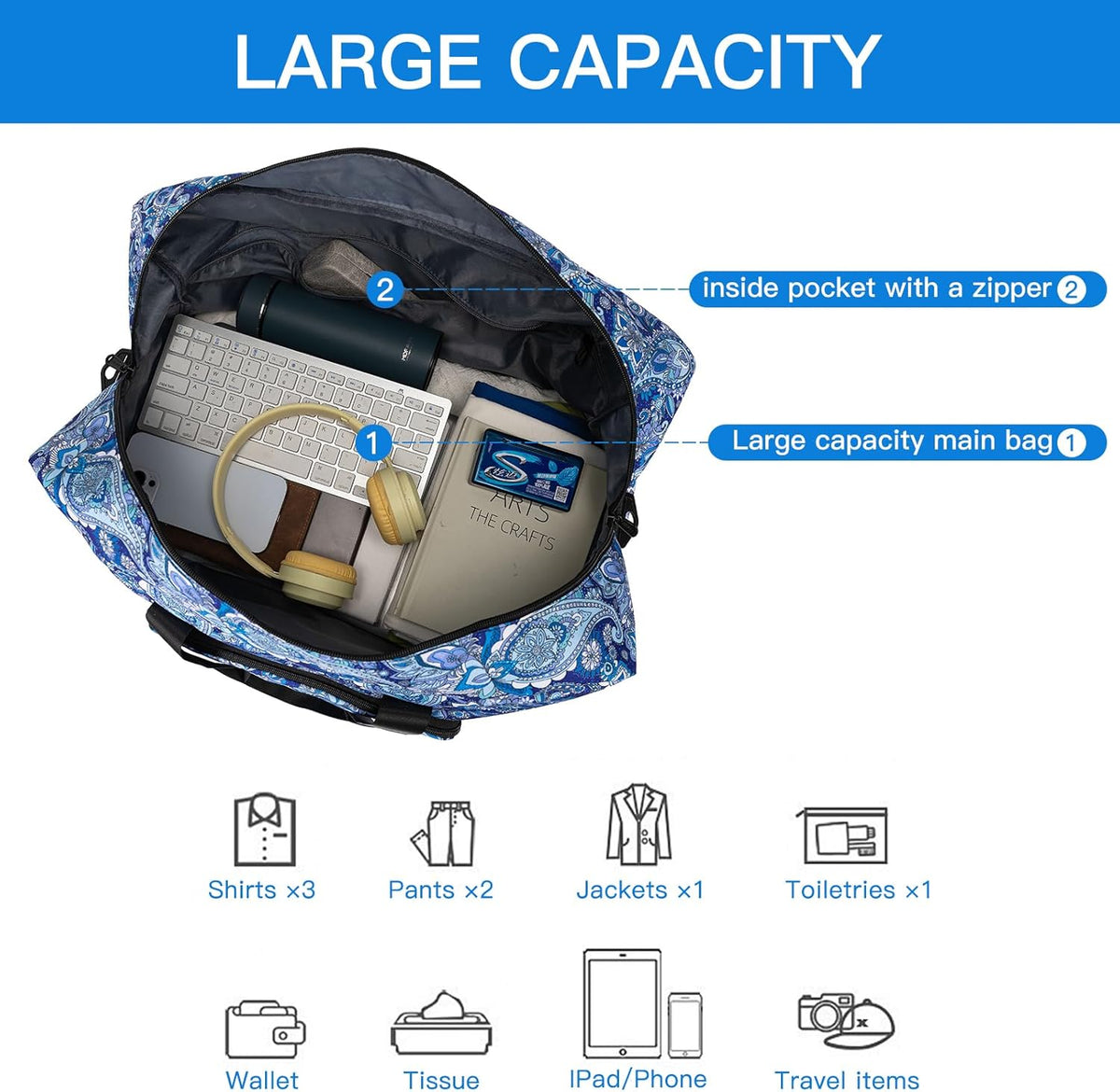 Travel Foldable Waterproof Duffel Bag - Lightweight Carry on Luggage Tote Duffel Bag(Black Floral)