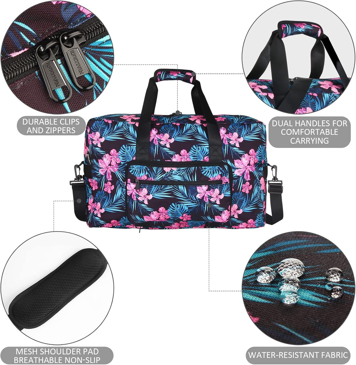 Travel Foldable Waterproof Duffel Bag - Lightweight Carry on Luggage Tote Duffel Bag(Black Floral)