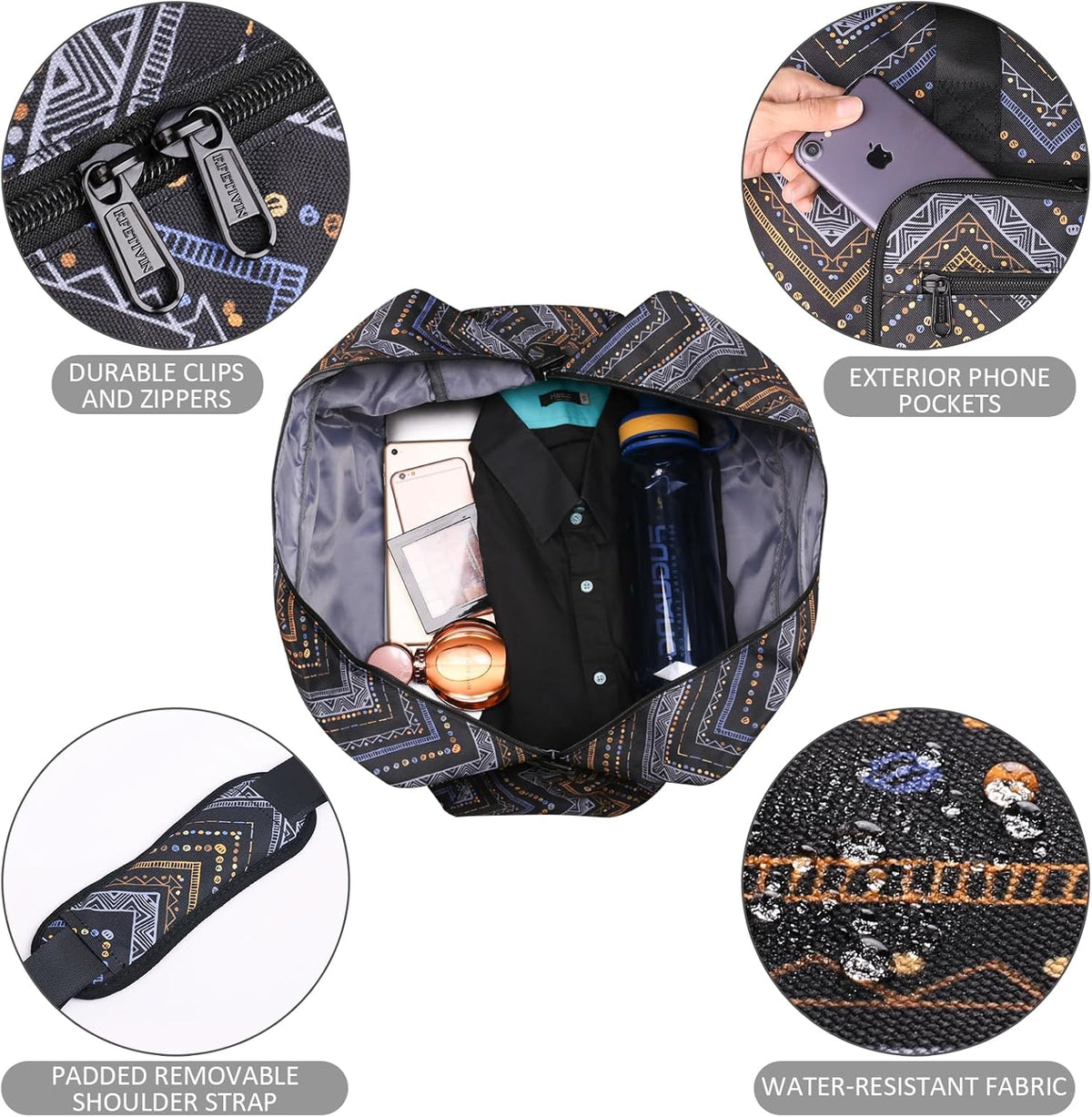 Travel Foldable Waterproof Duffel Bag - Lightweight Carry on Luggage Tote Duffel Bag(Black Floral)
