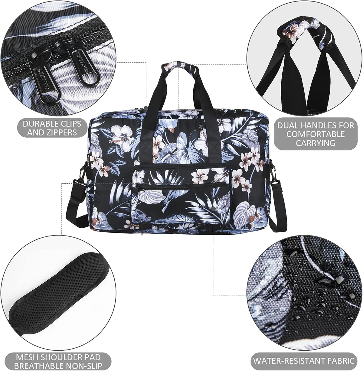 Travel Foldable Waterproof Duffel Bag - Lightweight Carry on Luggage Tote Duffel Bag(Black Floral)