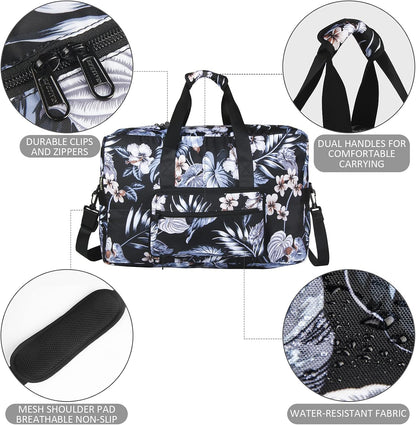 Travel Foldable Waterproof Duffel Bag - Lightweight Carry on Luggage Tote Duffel Bag(Black Floral)
