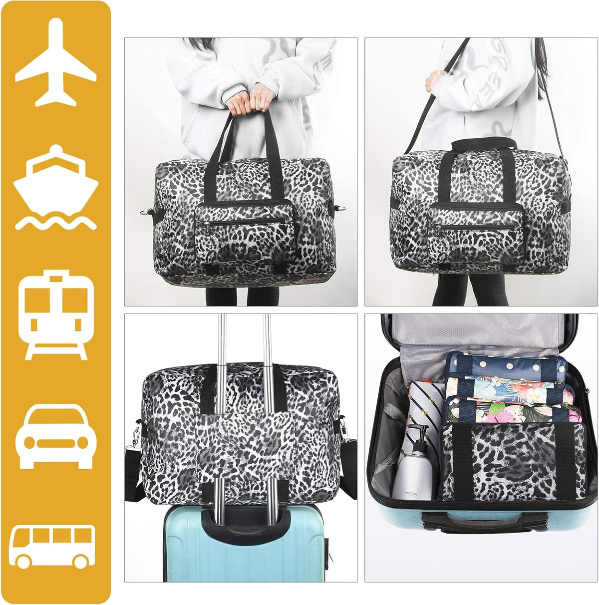 Travel Foldable Waterproof Duffel Bag - Lightweight Carry on Luggage Tote Duffel Bag(Black Floral)