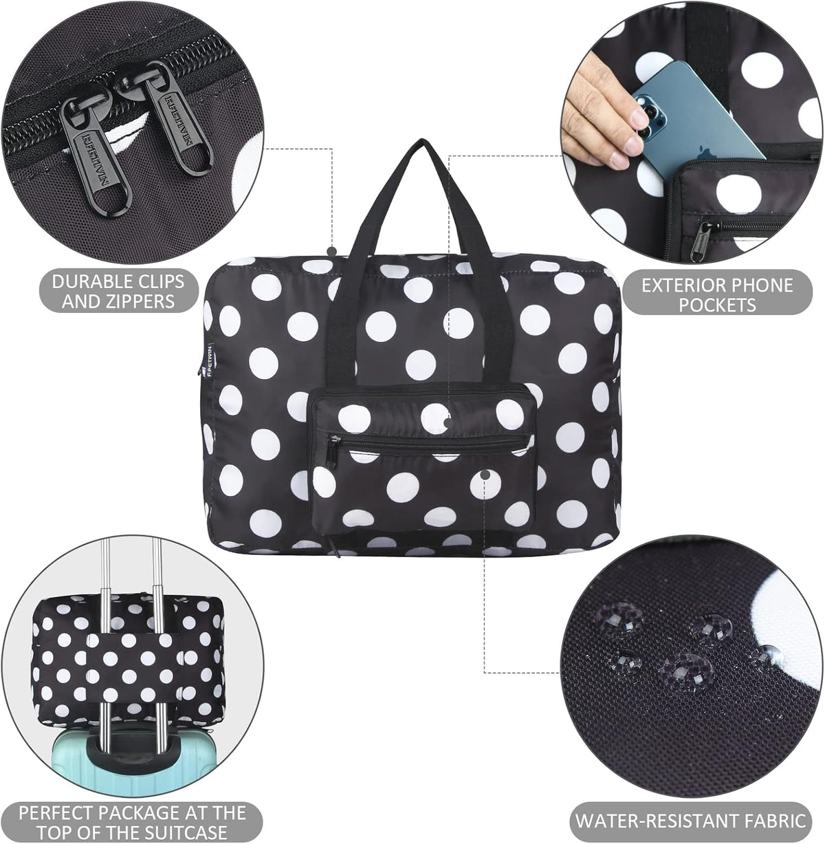 Travel Foldable Waterproof Duffel Bag - Lightweight Carry on Luggage Tote Duffel Bag(Black Floral)