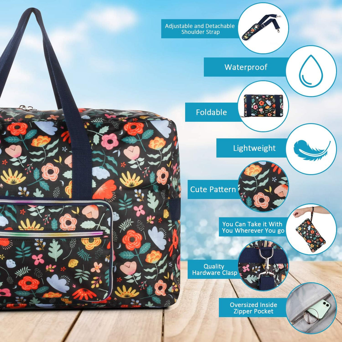 Travel Foldable Waterproof Duffel Bag - Lightweight Carry on Luggage Tote Duffel Bag(Black Floral)
