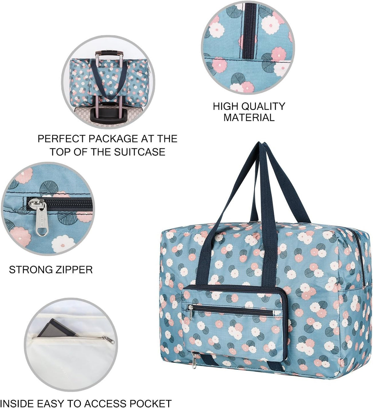 Travel Foldable Waterproof Duffel Bag - Lightweight Carry on Luggage Tote Duffel Bag(Black Floral)