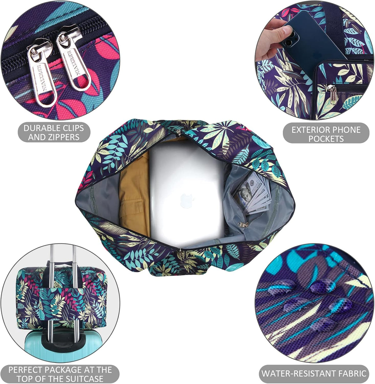 Travel Foldable Waterproof Duffel Bag - Lightweight Carry on Luggage Tote Duffel Bag(Black Floral)