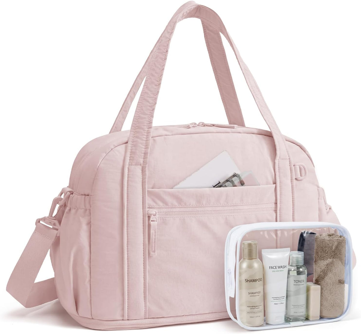 Expandable Personal Item Travel Bag, Lightweight Gym Bag for Women, 24L Weekender Travel Duffle with Toiletry Bag, Carry on Overnight Duffel, Pink