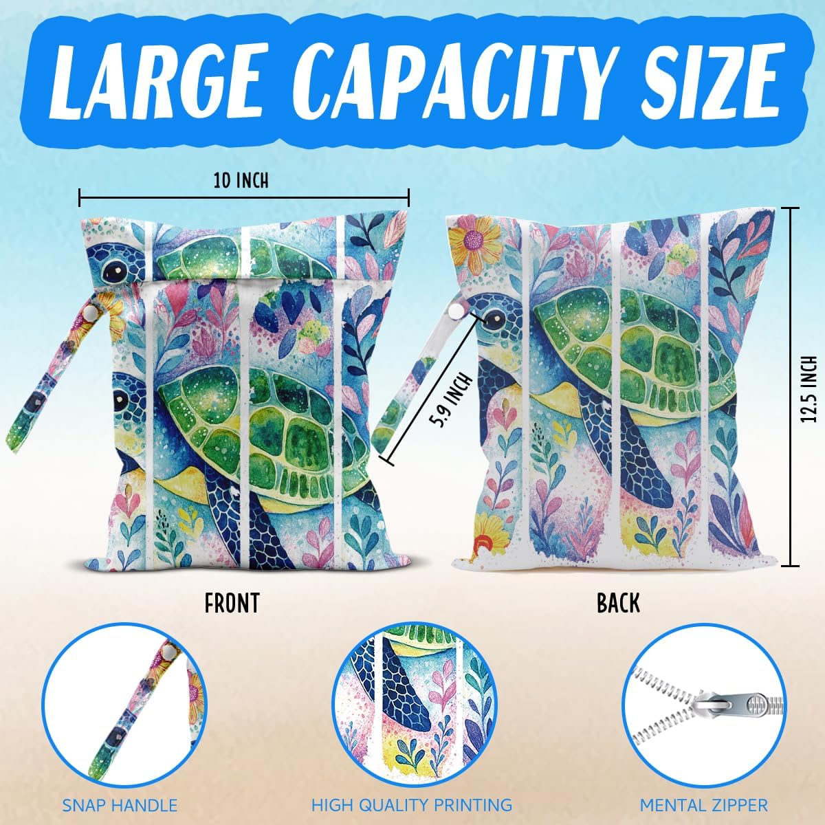 Turtle Wet Bag for Swimsuit Dirty Clothes Yoga Gym Diaper, Wet Dry Bag, Beach Vacation Essential for Travel Poor Bathing Summer Turtle Gifts for Turtle Lovers