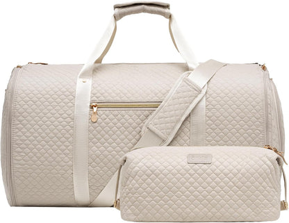 Garment Bag Carry On Convertible Travel Duffel Bag with Shoe Pouch Weekender Bag for Women Men 2 in 1 Hanging Suit Bag with Shoulder Strap Business Travel Bag (White, Standard)
