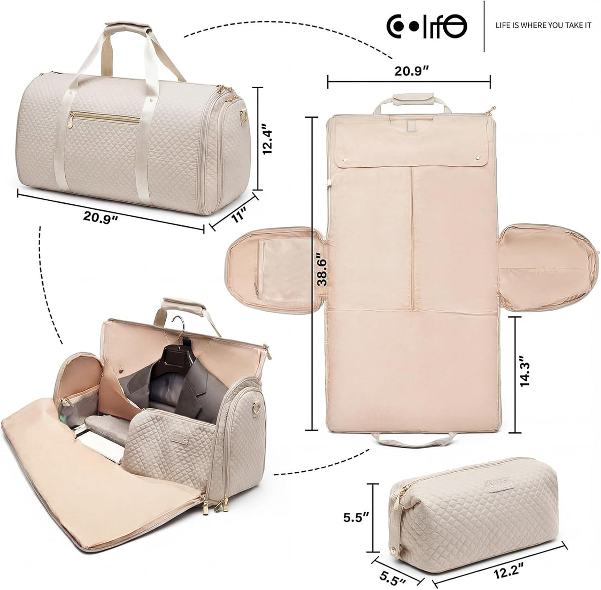 Garment Bag Carry On Convertible Travel Duffel Bag with Shoe Pouch Weekender Bag for Women Men 2 in 1 Hanging Suit Bag with Shoulder Strap Business Travel Bag (White, Standard)
