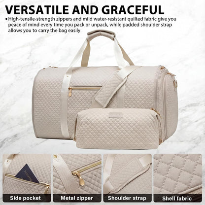 Garment Bag Carry On Convertible Travel Duffel Bag with Shoe Pouch Weekender Bag for Women Men 2 in 1 Hanging Suit Bag with Shoulder Strap Business Travel Bag (White, Standard)