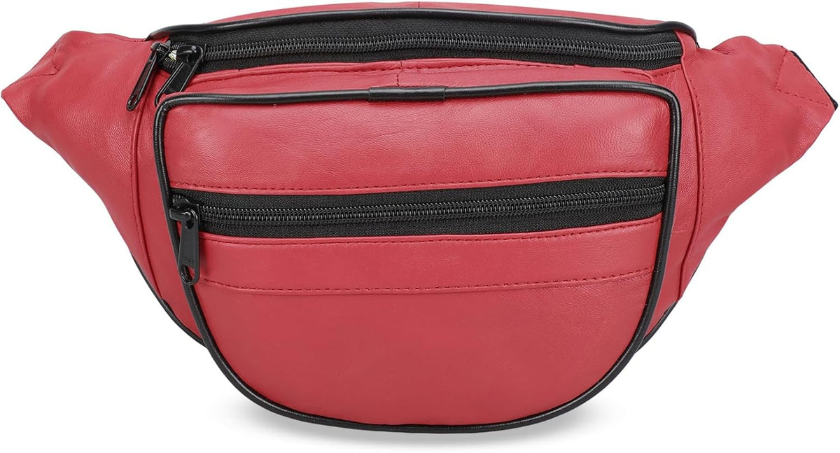 Leatherboss Genuine Leather Designer Travel Fanny Pack Holder Bag with Waist Belt, Red