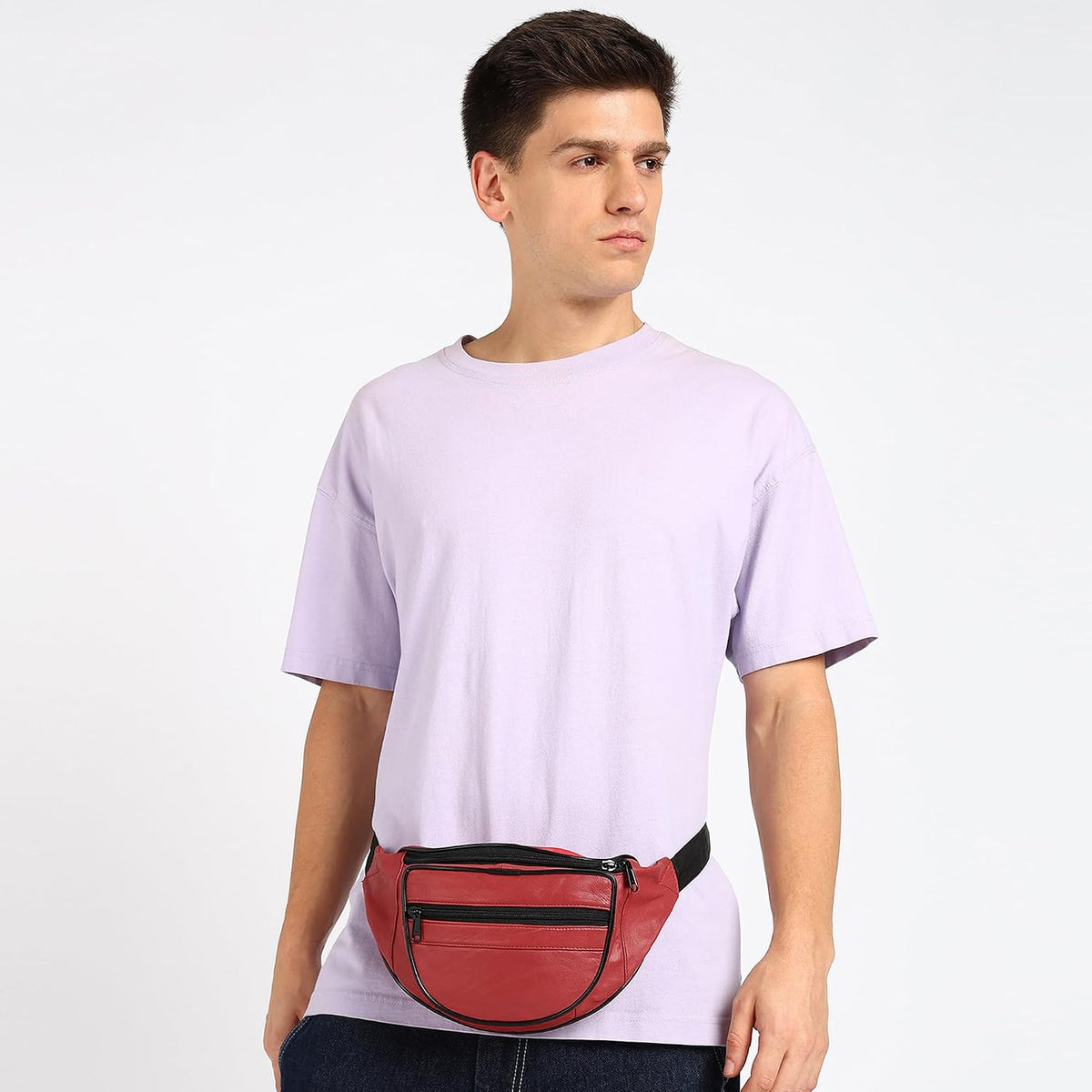 Leatherboss Genuine Leather Designer Travel Fanny Pack Holder Bag with Waist Belt, Red