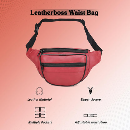 Leatherboss Genuine Leather Designer Travel Fanny Pack Holder Bag with Waist Belt, Red