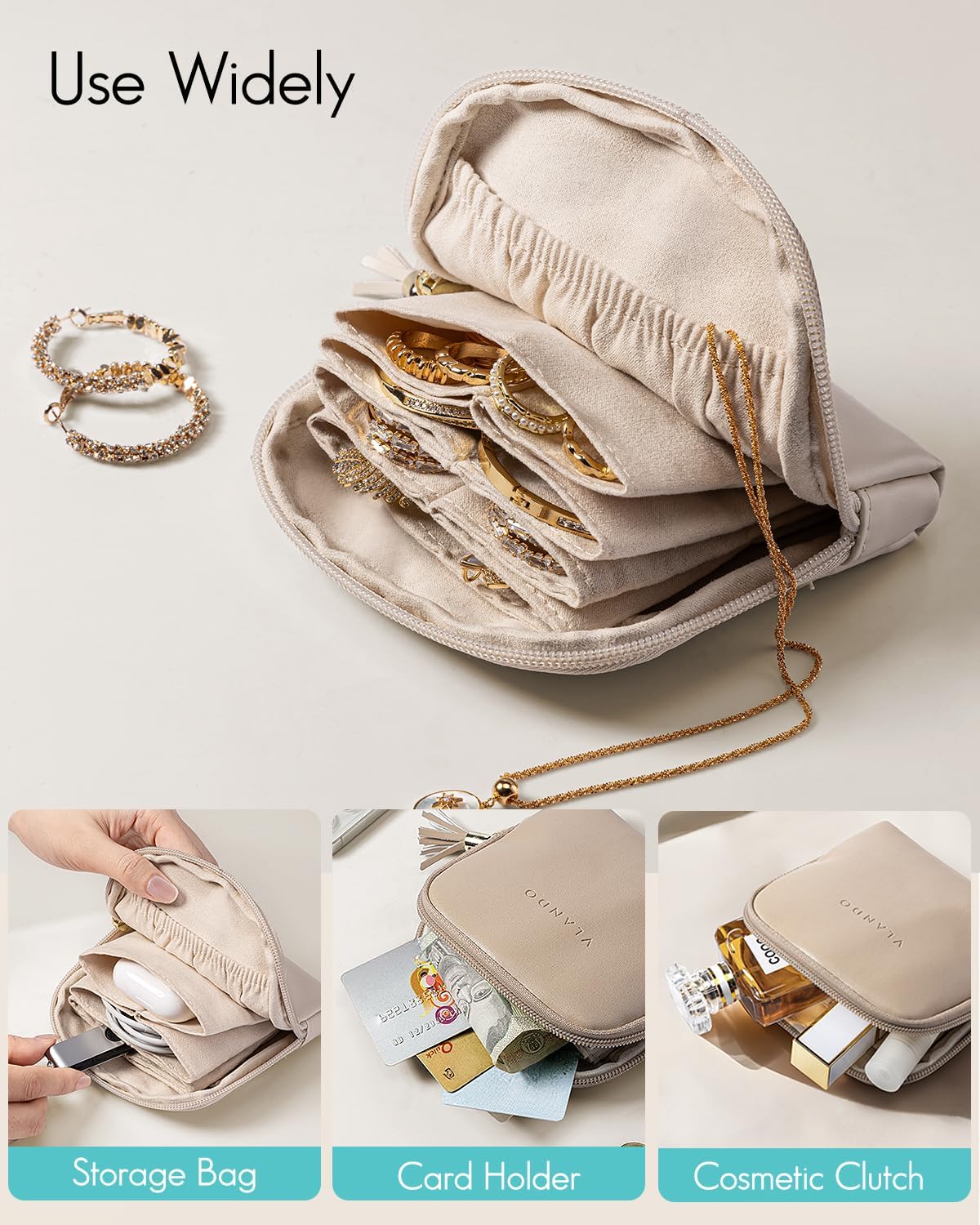 Small Travel Jewelry Case,Gifts for Women,Jewelry Pouch Bags with Zipper,Velvet Jewelry Organizer Storage Bag for Bracelet Rings Earring-Cream White