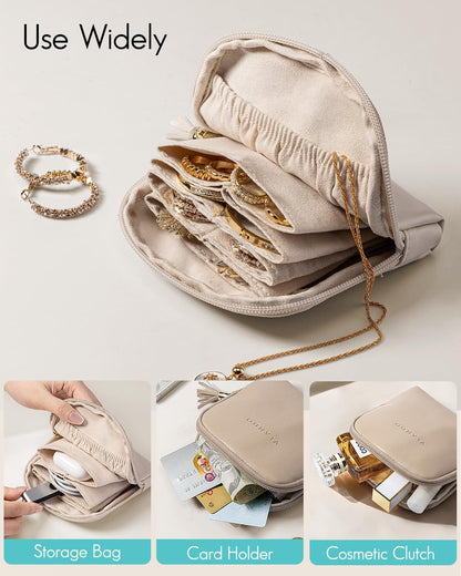 Small Travel Jewelry Case,Gifts for Women,Jewelry Pouch Bags with Zipper,Velvet Jewelry Organizer Storage Bag for Bracelet Rings Earring-Cream White
