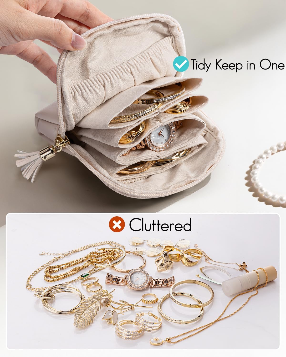 Small Travel Jewelry Case,Gifts for Women,Jewelry Pouch Bags with Zipper,Velvet Jewelry Organizer Storage Bag for Bracelet Rings Earring-Cream White