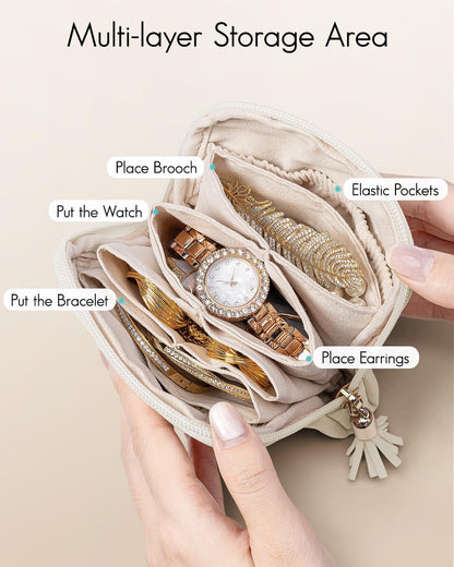 Small Travel Jewelry Case,Gifts for Women,Jewelry Pouch Bags with Zipper,Velvet Jewelry Organizer Storage Bag for Bracelet Rings Earring-Cream White