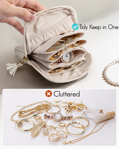 Small Travel Jewelry Case,Gifts for Women,Jewelry Pouch Bags with Zipper,Velvet Jewelry Organizer Storage Bag for Bracelet Rings Earring-Cream White