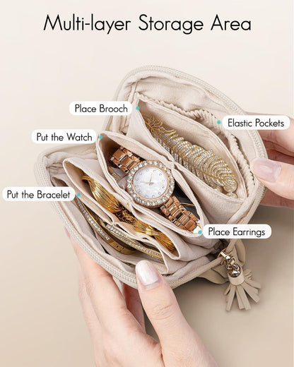 Small Travel Jewelry Case,Gifts for Women,Jewelry Pouch Bags with Zipper,Velvet Jewelry Organizer Storage Bag for Bracelet Rings Earring-Cream White