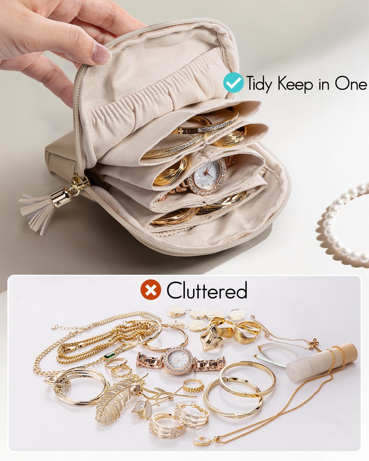 Small Travel Jewelry Case,Gifts for Women,Jewelry Pouch Bags with Zipper,Velvet Jewelry Organizer Storage Bag for Bracelet Rings Earring-Cream White