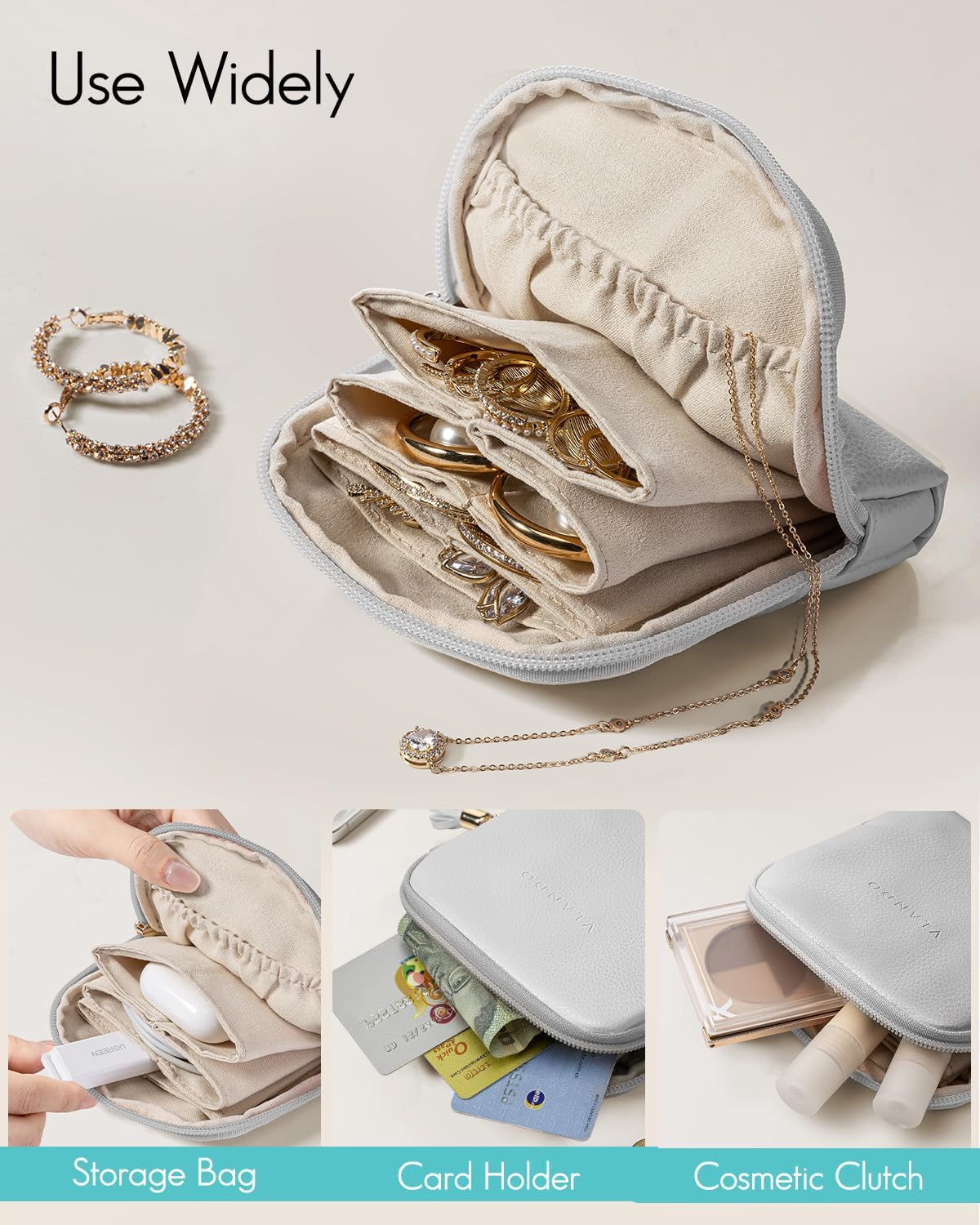 Small Travel Jewelry Case,Gifts for Women,Jewelry Pouch Bags with Zipper,Velvet Jewelry Organizer Storage Bag for Bracelet Rings Earring-Cream White