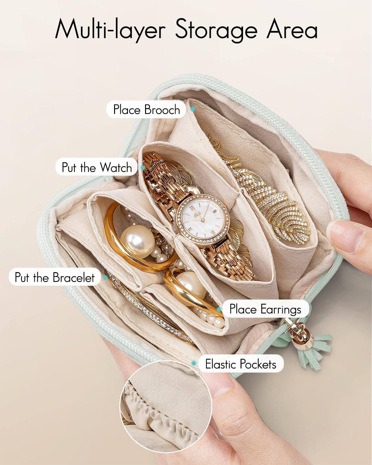 Small Travel Jewelry Case,Gifts for Women,Jewelry Pouch Bags with Zipper,Velvet Jewelry Organizer Storage Bag for Bracelet Rings Earring-Cream White