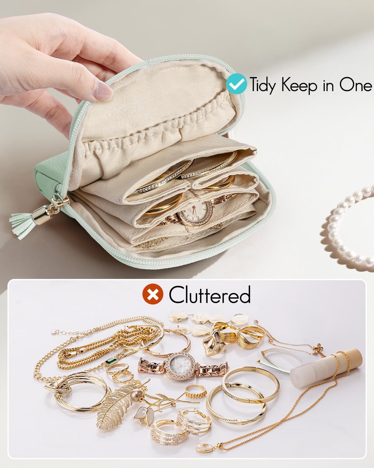 Small Travel Jewelry Case,Gifts for Women,Jewelry Pouch Bags with Zipper,Velvet Jewelry Organizer Storage Bag for Bracelet Rings Earring-Cream White