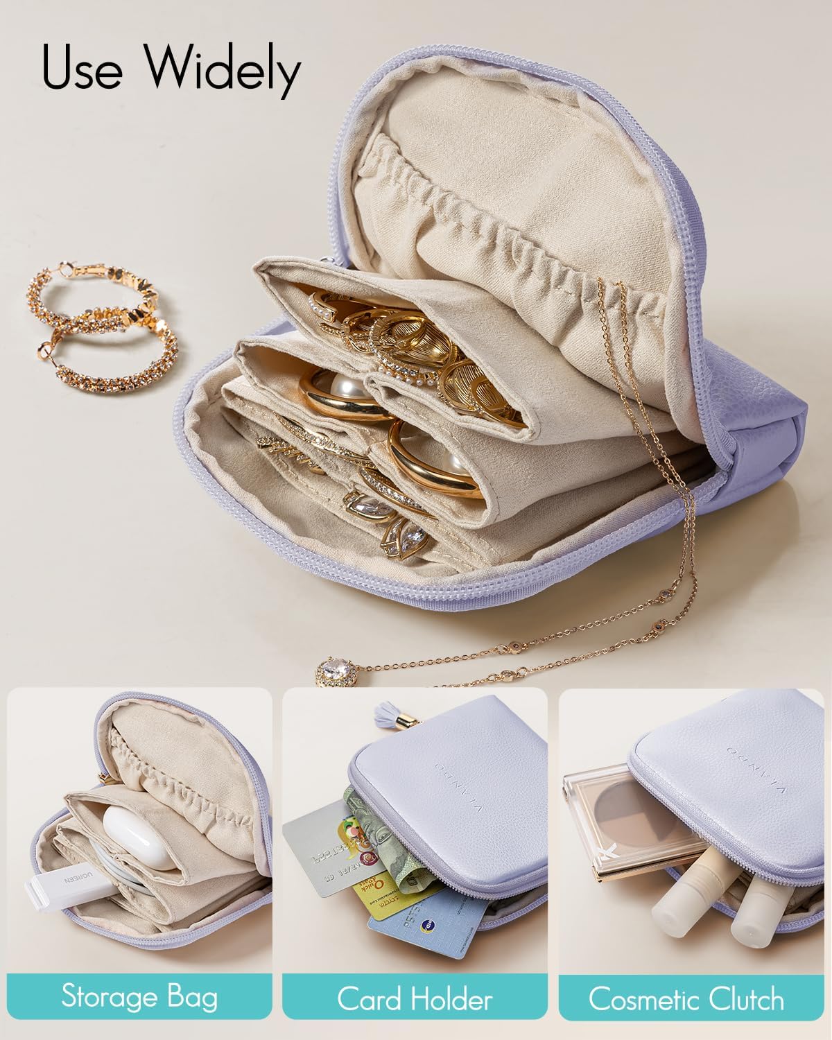 Small Travel Jewelry Case,Gifts for Women,Jewelry Pouch Bags with Zipper,Velvet Jewelry Organizer Storage Bag for Bracelet Rings Earring-Cream White