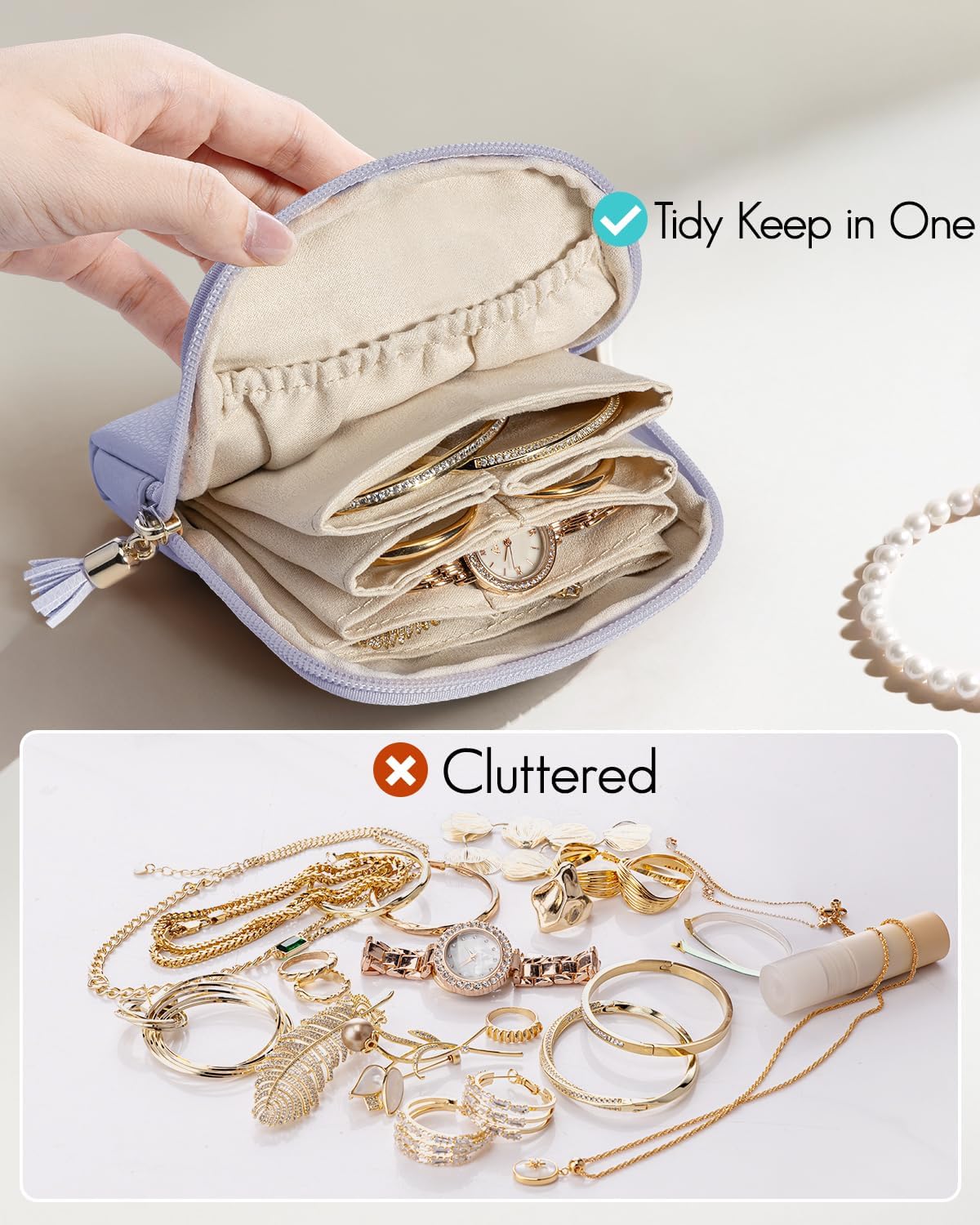 Small Travel Jewelry Case,Gifts for Women,Jewelry Pouch Bags with Zipper,Velvet Jewelry Organizer Storage Bag for Bracelet Rings Earring-Cream White