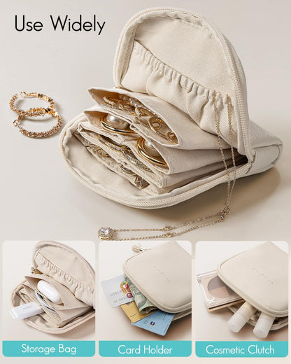 Small Travel Jewelry Case,Gifts for Women,Jewelry Pouch Bags with Zipper,Velvet Jewelry Organizer Storage Bag for Bracelet Rings Earring-Cream White