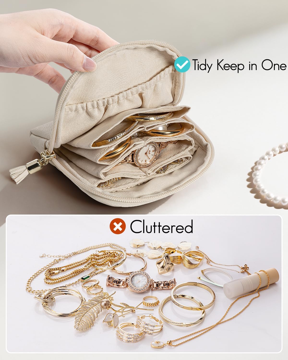 Small Travel Jewelry Case,Gifts for Women,Jewelry Pouch Bags with Zipper,Velvet Jewelry Organizer Storage Bag for Bracelet Rings Earring-Cream White