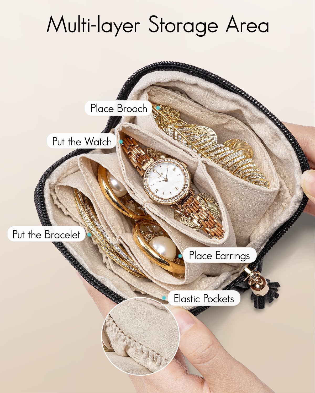Small Travel Jewelry Case,Gifts for Women,Jewelry Pouch Bags with Zipper,Velvet Jewelry Organizer Storage Bag for Bracelet Rings Earring-Cream White