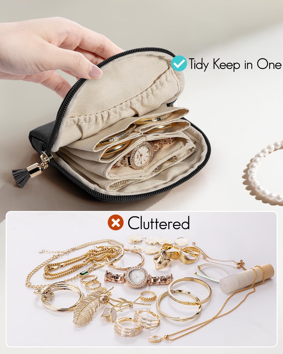 Small Travel Jewelry Case,Gifts for Women,Jewelry Pouch Bags with Zipper,Velvet Jewelry Organizer Storage Bag for Bracelet Rings Earring-Cream White