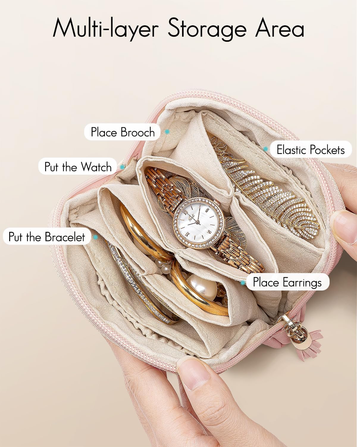 Small Travel Jewelry Case,Gifts for Women,Jewelry Pouch Bags with Zipper,Velvet Jewelry Organizer Storage Bag for Bracelet Rings Earring-Cream White