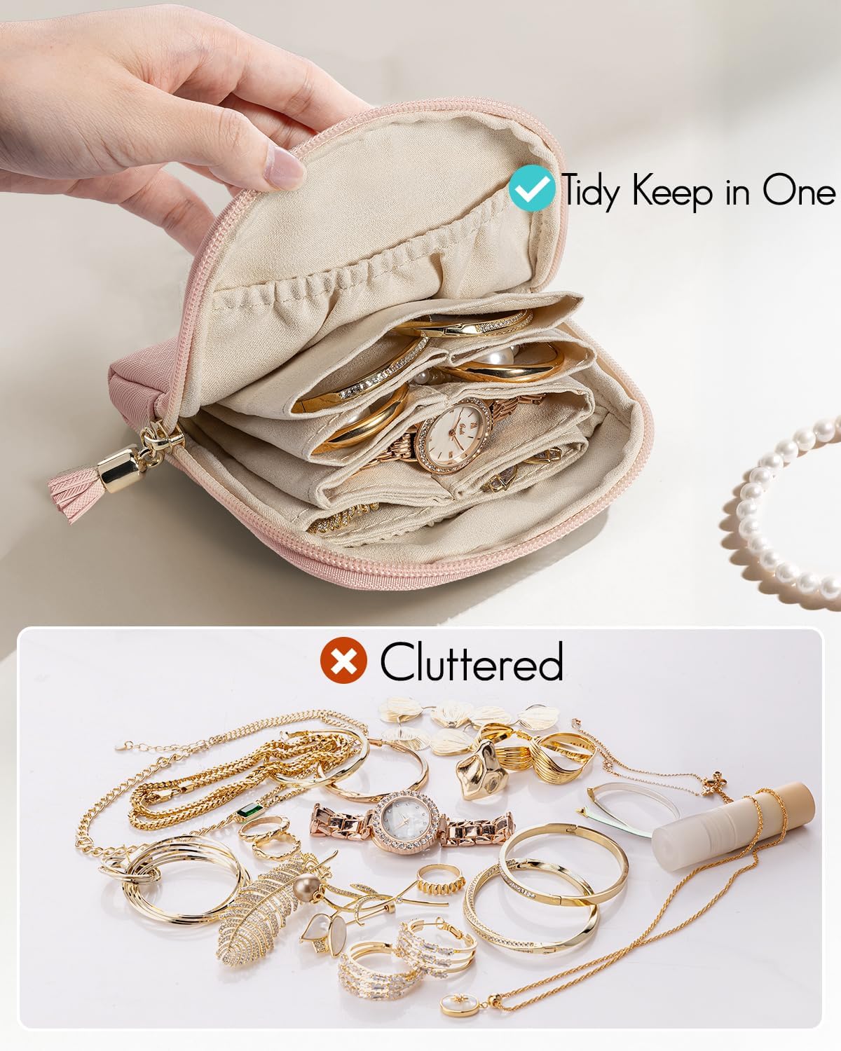 Small Travel Jewelry Case,Gifts for Women,Jewelry Pouch Bags with Zipper,Velvet Jewelry Organizer Storage Bag for Bracelet Rings Earring-Cream White