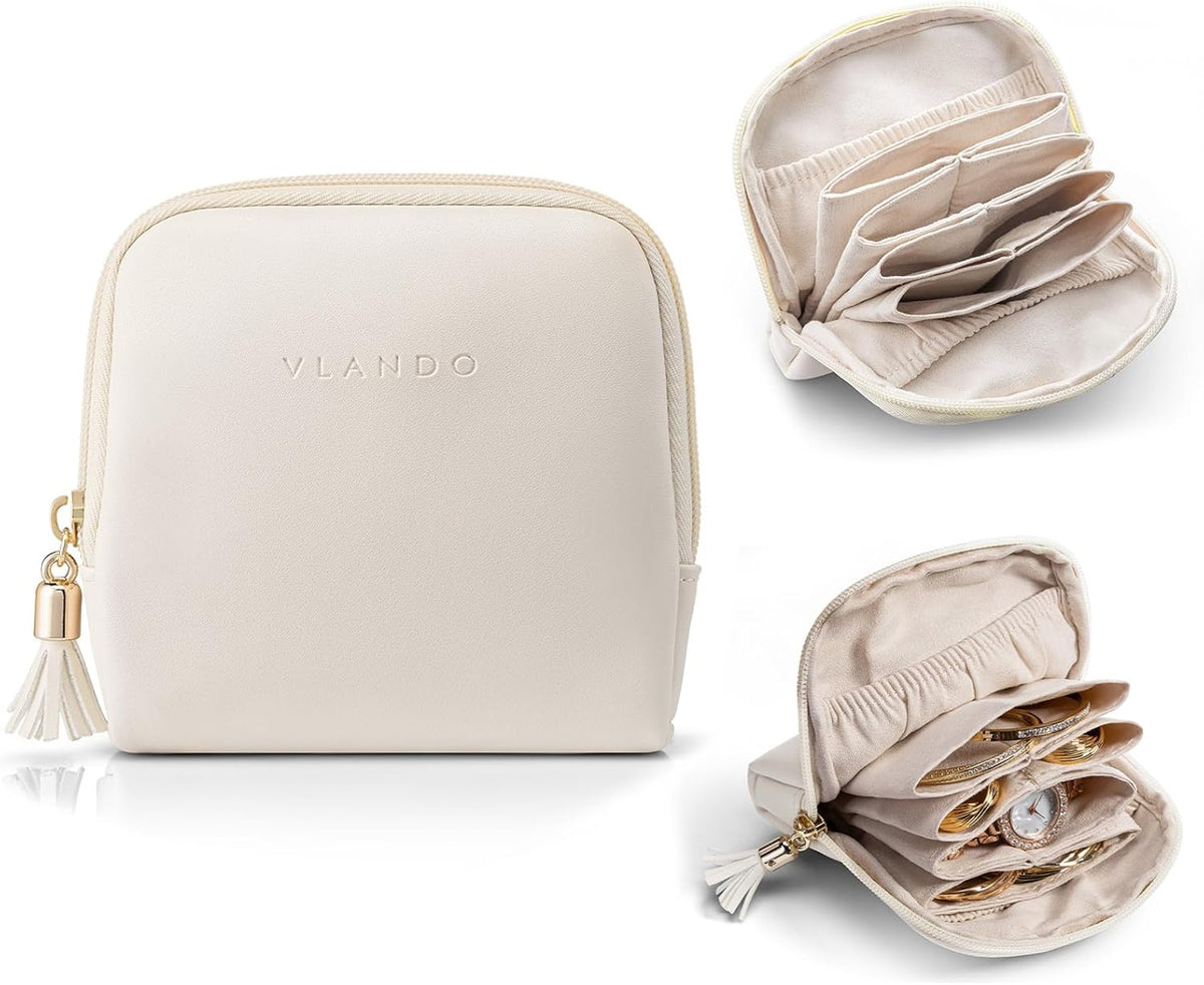 Small Travel Jewelry Case,Gifts for Women,Jewelry Pouch Bags with Zipper,Velvet Jewelry Organizer Storage Bag for Bracelet Rings Earring-Cream White