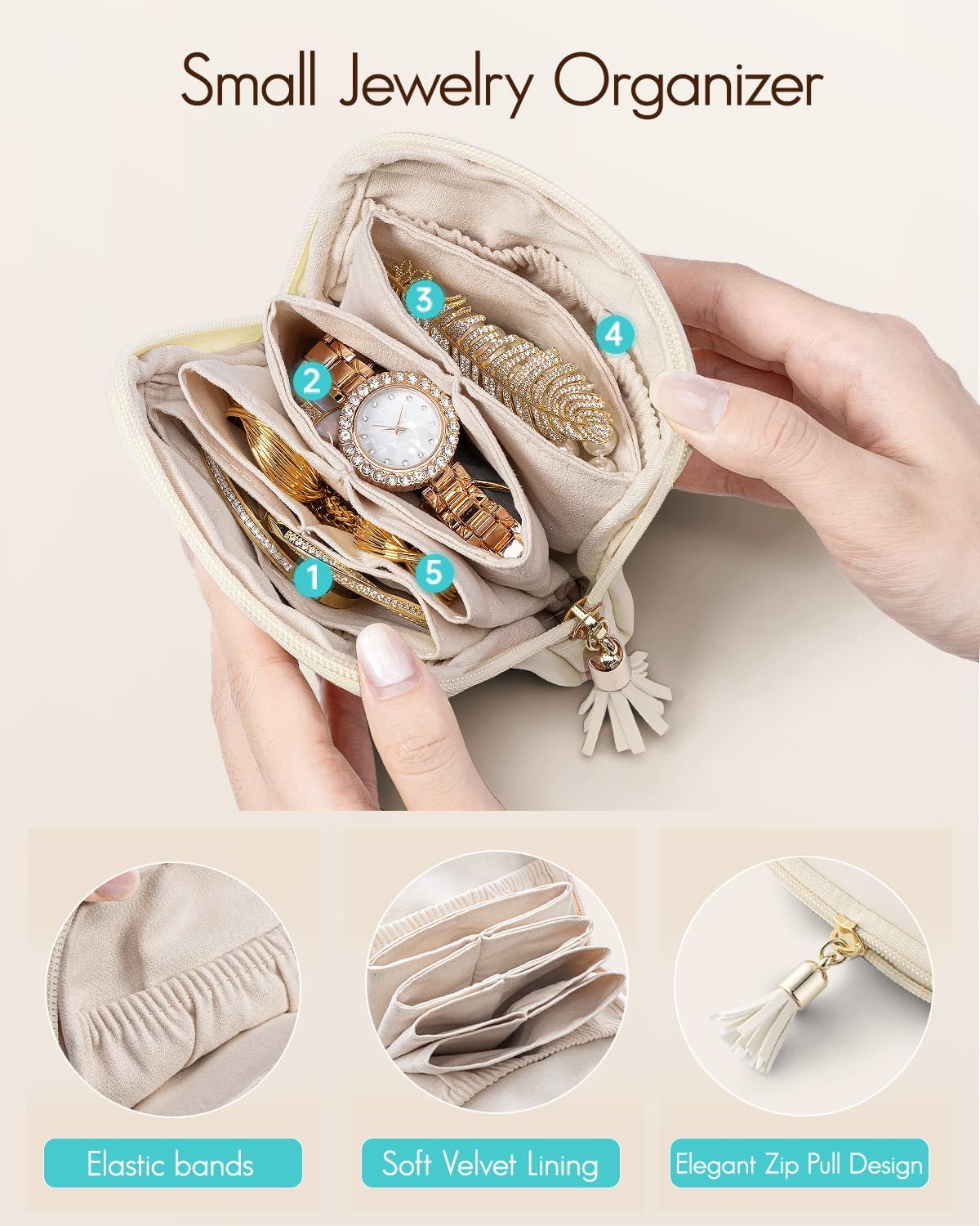 Small Travel Jewelry Case,Gifts for Women,Jewelry Pouch Bags with Zipper,Velvet Jewelry Organizer Storage Bag for Bracelet Rings Earring-Cream White