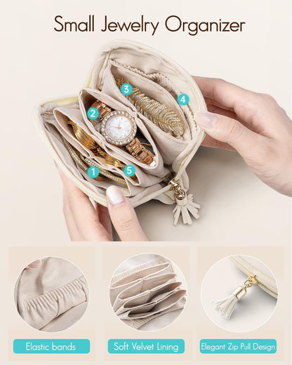 Small Travel Jewelry Case,Gifts for Women,Jewelry Pouch Bags with Zipper,Velvet Jewelry Organizer Storage Bag for Bracelet Rings Earring-Cream White